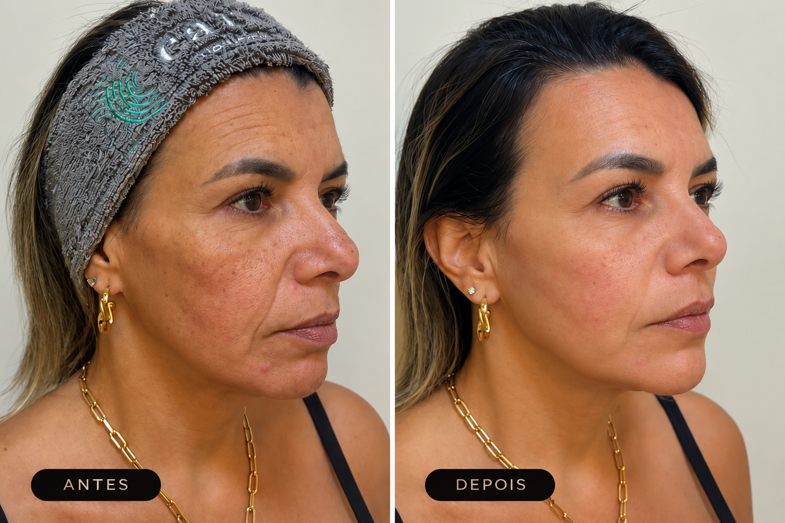 Antes e depois real de paciente da Clínica Caiena, vista em perfil três quartos